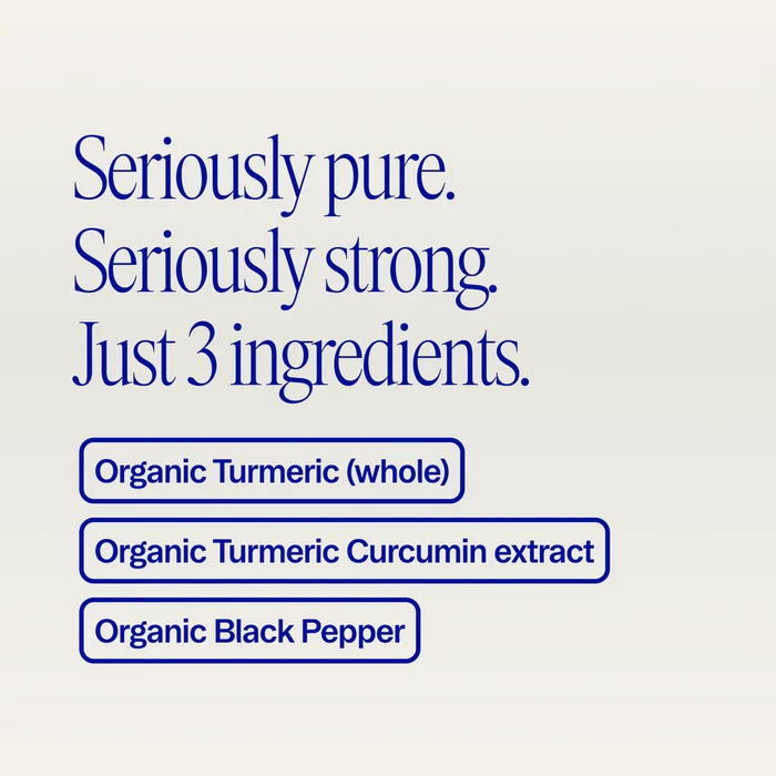 On a light background, text reads: Pure & powerful. Only 3 ingredients. Below, outlined boxes list: Organic Turmeric (whole), Turmeric Curcumin extract (potent supplement), and Organic Black Pepper for joint comfort—by Ora Organic.