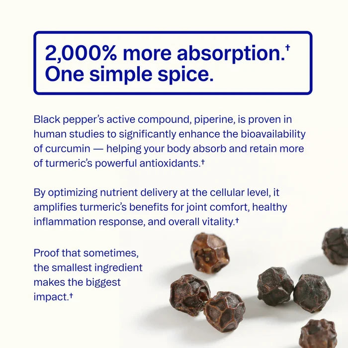 A graphic explains that Ora Organic Turmeric Curcumin Tablets include black pepper, which boosts turmeric absorption by 2,000% to help support joint comfort. Whole black peppercorns appear in the bottom right corner.