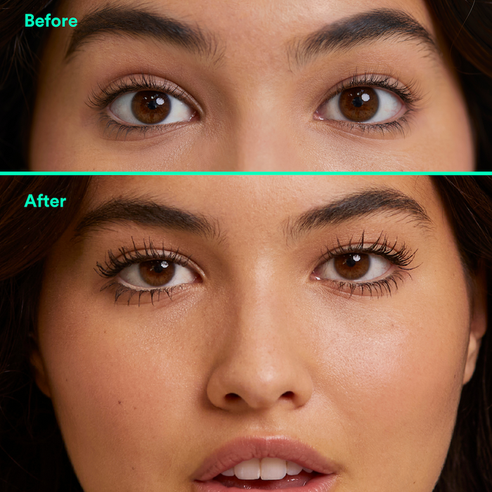 Split image shows a woman’s face before and after applying IZZY Zero Waste Beauty’s Zero Waste Mascara; the after shot highlights visibly longer, darker, and more defined lashes.