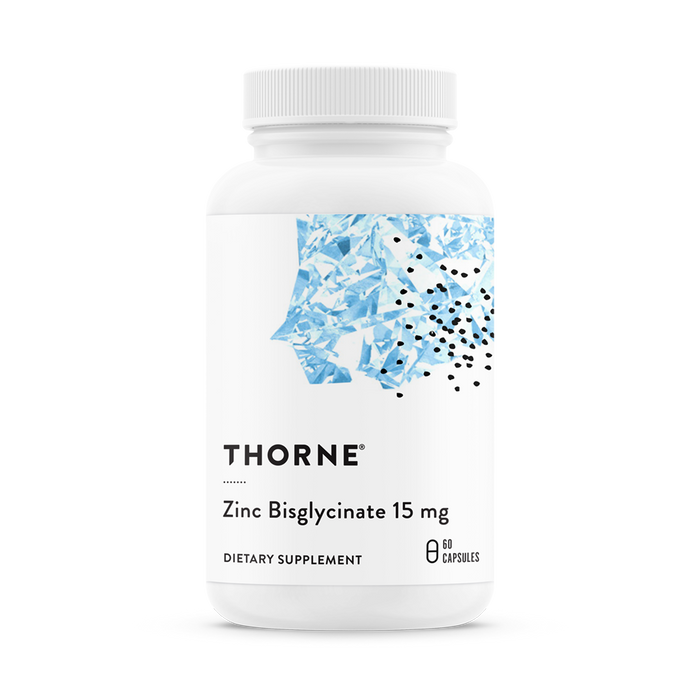 A white bottle labeled Zinc Bisglycinate 15mg by Thorne features a blue abstract design with black dots. It holds 60 capsules of zinc supplement, promoting immune function and overall well-being.