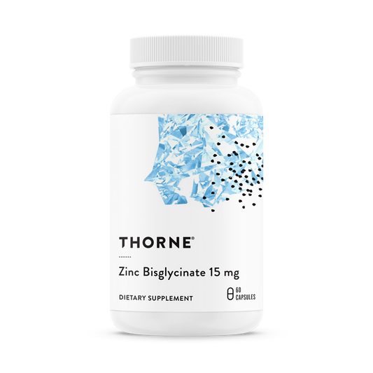 A white bottle labeled Zinc Bisglycinate 15mg by Thorne features a blue abstract design with black dots. It holds 60 capsules of zinc supplement, promoting immune function and overall well-being.