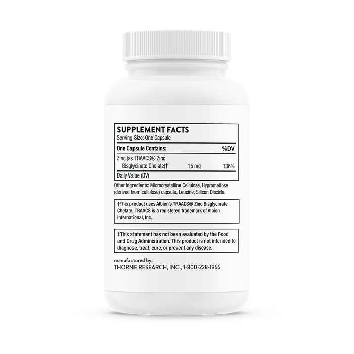 The white supplement bottle labeled with nutrition facts contains 15 mg of TRAACS® zinc bisglycinate chelate per capsule for immune and reproductive health. Its called Zinc Bisglycinate 15mg by Thorne. Manufactured by Thorne Research, Inc. Contact: 1-800-228-1966.