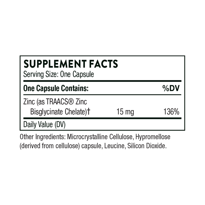 Supplement facts label for a capsule. Contains 15 mg of Zinc (TRAACS® Zinc Bisglycinate Chelate) at 136% DV. Other ingredients listed as microcrystalline cellulose, hypromellose, leucine, and silicon dioxide. Serving size: one capsule.