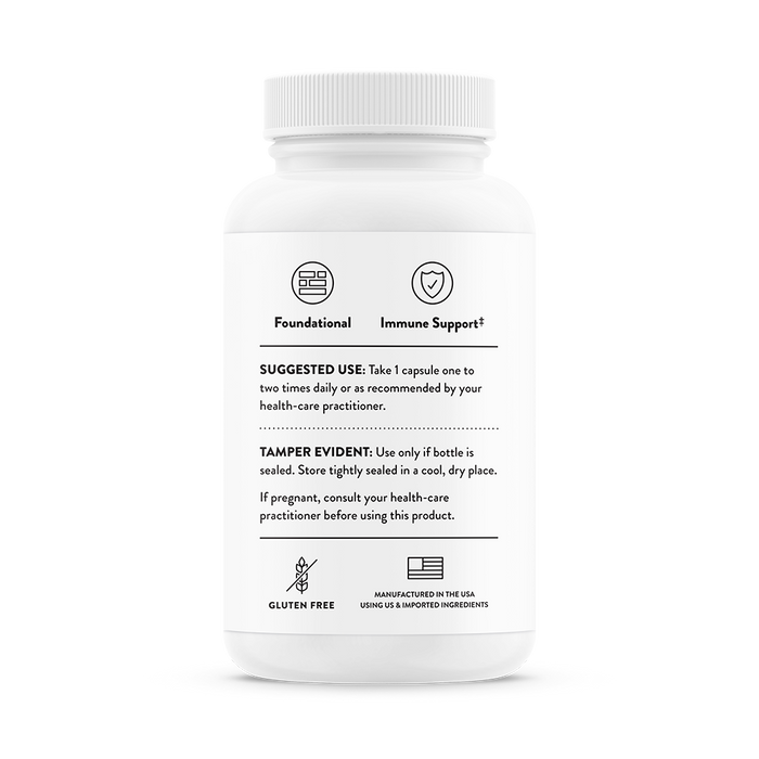 The Thorne Zinc Bisglycinate 15mg bottle is labeled for immune support with foundational wellness icons. It includes usage instructions, a tamper-evidence warning, and a note for pregnant individuals. This gluten-free supplement is proudly made in the USA.