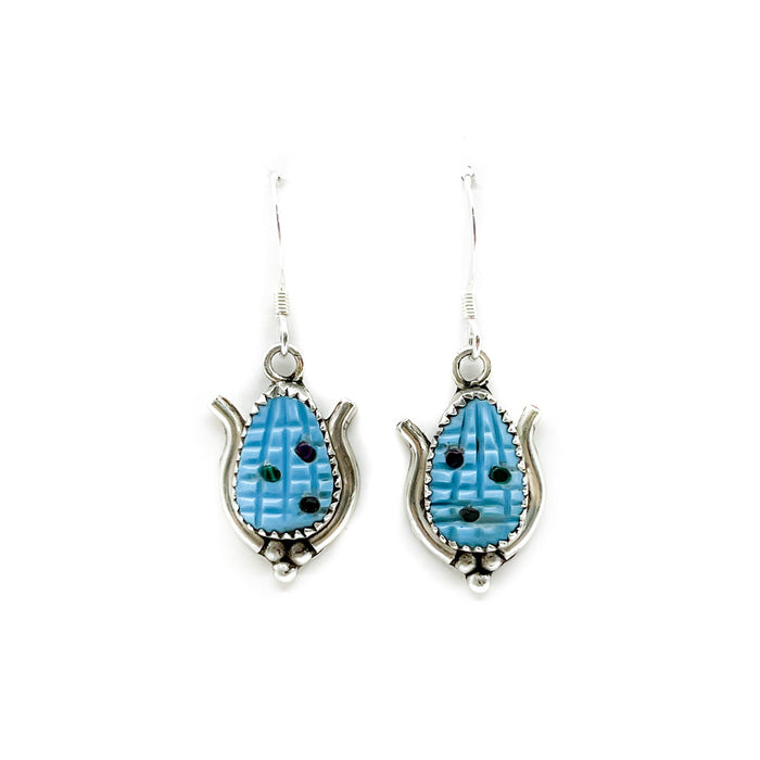 Turquoise Corn Earrings with inlay of small gemstones, by Zuni artist&nbsp;Tracy Bowekety  Each earring measures approximately .50 inches in&nbsp;width&nbsp;and .75 inches in length and dangles from earlobe approximately 1.25 inches Sterling silver wires and bezels