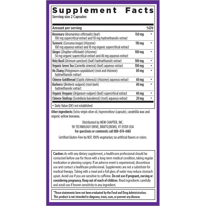 The supplement facts label for Zyflamend™ Herbal Pain Relief by New Chapter lists ingredients such as rosemary, ginger, oregano, and turmeric extracts known to support joint health and inflammation relief. It includes a caution about supplements and contact info for New Chapter in Brattleboro, VT.