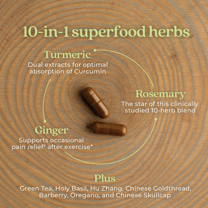 Image of two capsules on a wooden surface with text highlighting a 10-in-1 superfood herb blend, featuring turmeric, rosemary, and ginger. Additional herbs listed include green tea, holy basil, and others for health benefits.