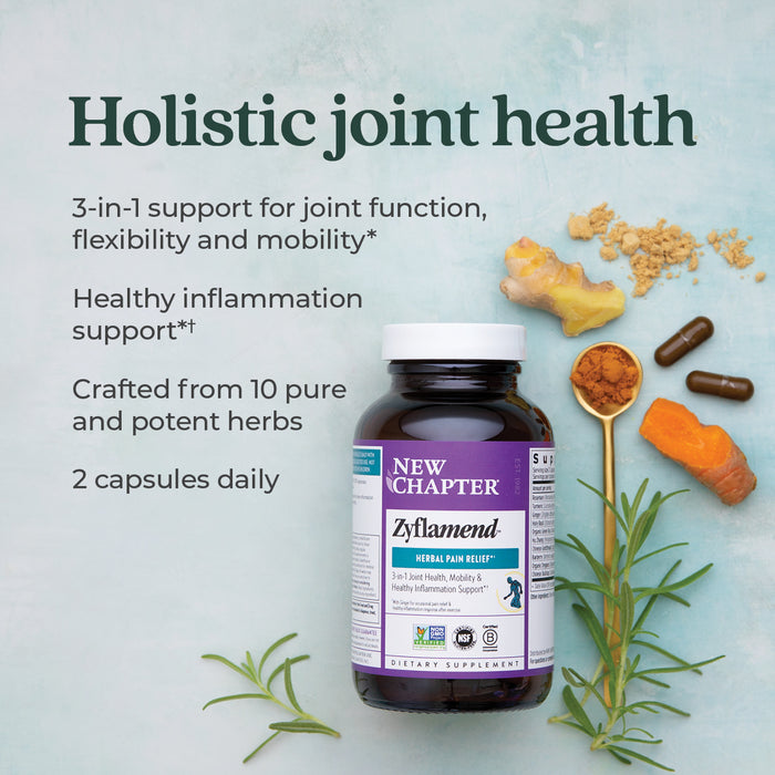Image of a New Chapter Zyflamend supplement bottle on a soft green background. Surrounding the bottle are spices and herbs, including turmeric and rosemary. Text highlights benefits for joint health, mobility, and inflammation support with 2 capsules daily.